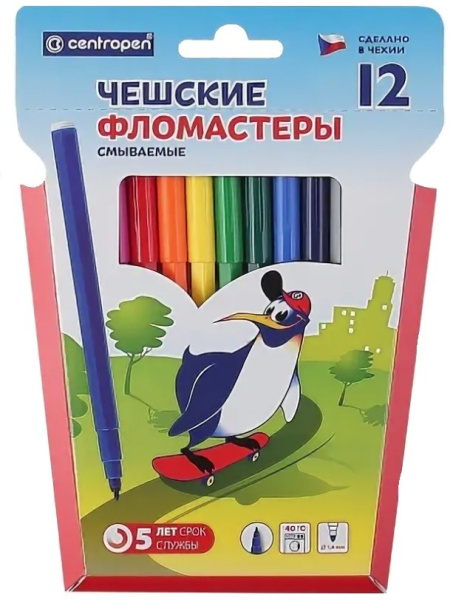 Фломастеры 12цв. CENTROPEN "Пингвины" смываемые (777901286)