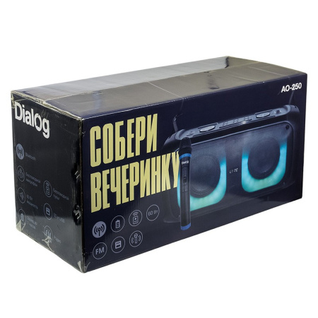 Портативная колонка Dialog AO-250 60вт. Bluetooth, FM, USB, SD, LED, караоке с микрофоном