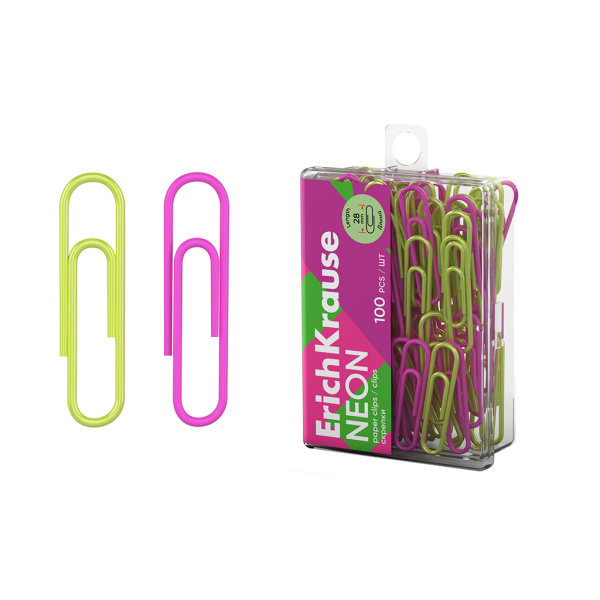 Скрепки 28мм. Erich Krause Neon 100шт. цветные (62050)