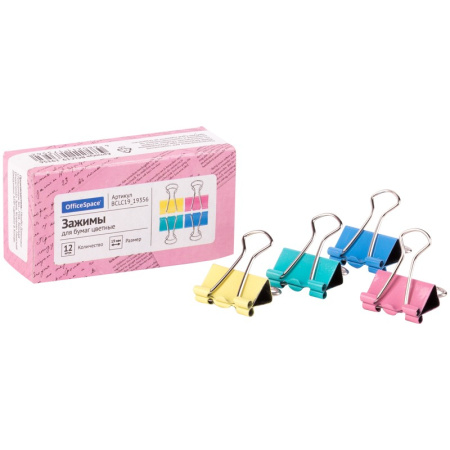 Зажимы для бумаг 19мм. OfficeSpace 12шт. цветные (BCLC19_19356)