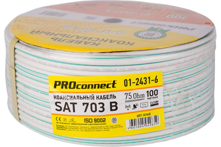 Кабель коаксиальный 75Ом, OD6.8мм, внутр., PVC Cu/Al/Cu 64%, бухта 100м, PROconnect SAT 703B