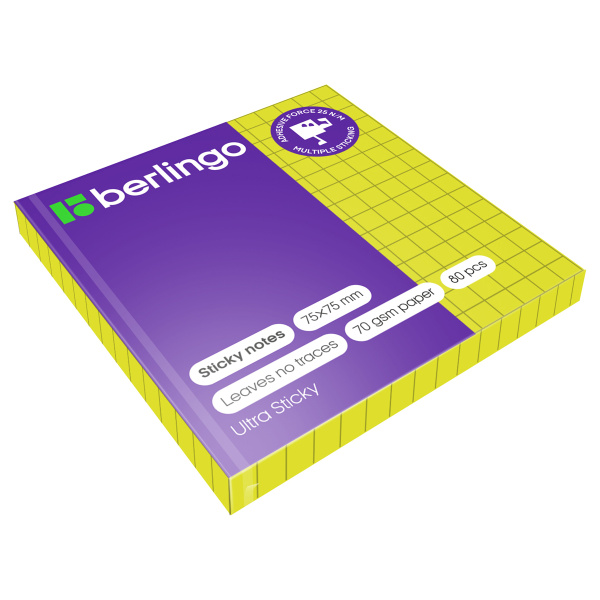 Блок самоклеящийся BERLINGO 75*75мм. "Ultra Sticky" 80л. в клетку, неон, зеленый (LSn_39701)