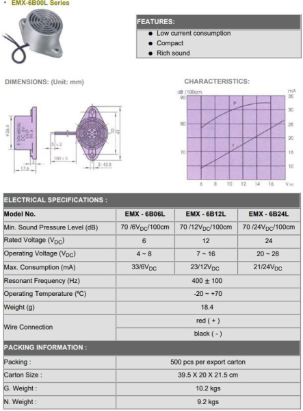 излучатель(зуммер) электромагнитный 12в, 23мА, 400гц, 70дБ, генератор, East EMX-6B12L