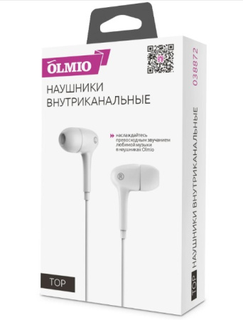 Наушники Olmio Top вставные, 16Ом, 96дБ, кабель 1.2м, White