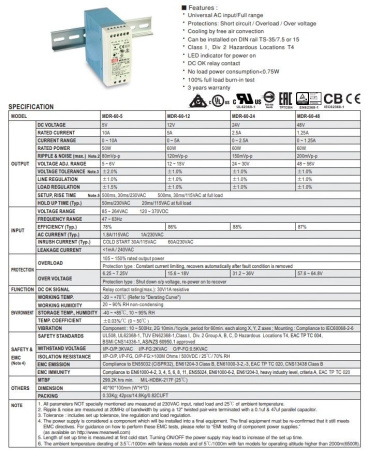 Блок питания на DIN рейку 12в,  5а, 40*90*100мм, Mean Well MDR-60-12