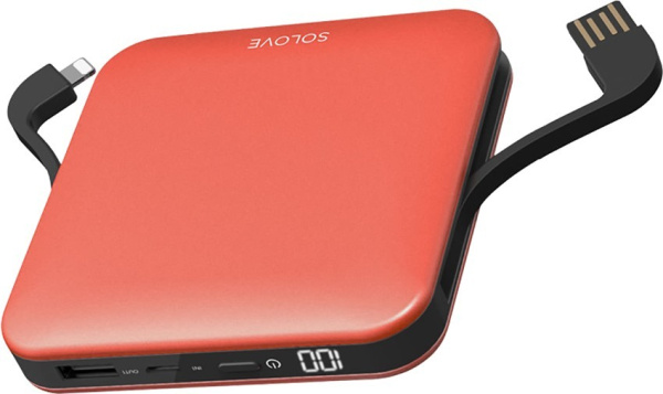 Аккумулятор внешний 10000_mAh Xiaomi Mi SOLOVE со встроенными кабелями USB и Lightning (A2-PRO ORANG