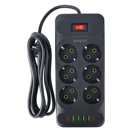 Сетевой удлинитель  2.0м, 6 розеток Amper, JH-1076U-2B, 10А, 2500Вт, 4usb, 2Type-C черный