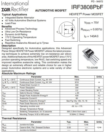 транзистор FET IRF3808PBF Infineon 75V 140A N-Ch 7mohm TO220