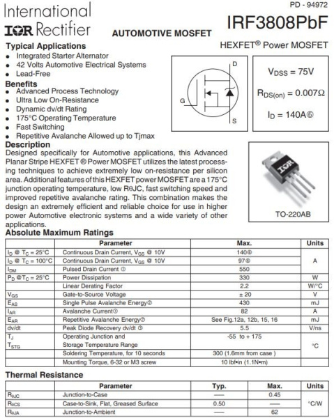 транзистор FET IRF3808PBF Infineon 75V 140A N-Ch 7mohm TO220