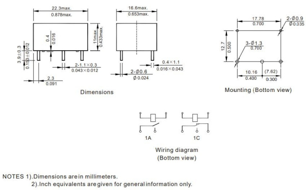 Реле электромагнитное DC 12в, 16а, SPDT, 22.3*16.6*11мм, Forward NT76-C-S-DC12V-0.45W