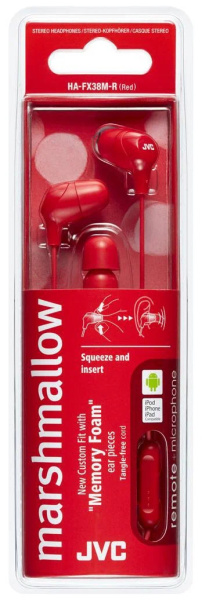 Гарнитура проводная JVC HA-FX38M вставные, 16 Ом, 106дБ, кабель 1.2м Красный