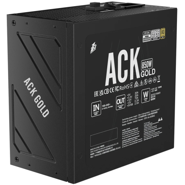 Блок питания 850Вт 1STPLAYER ACK GOLD 850W Black (ATX 3.1, PCle 5.1,APFC,140мм,3PCI-E,8SATA,80+Gold,модульный,конденсаторы Teapo)[HA-850BA2-BK]