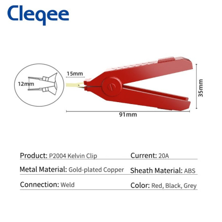 Зажимы крокодил Кельвина 91мм, 20а, пара красный+черный, Cleqee P2004