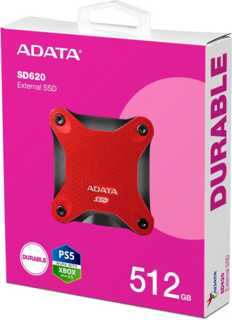 Твердотельный накопитель/ ADATA External SSD SD620, 512GB, Type-C, USB 3.2 Gen2, R/W 520/460 MB/s, 80x80x15mm, Red (5 лет)