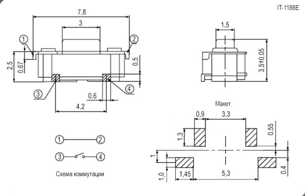 Кнопка тактовая угловая  6*3*3.5мм, 2конт, SMD, для автосигнализаций, IT-1188E