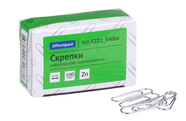 Скрепки 22мм. OfficeSpace 100шт., оцинкованные (CZ22_34066)