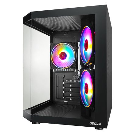 Корпус mATX Б_БП Ginzzu V190 (USB3.0,Audio,черный,3х120мм FRGB,"стеклянный куб")