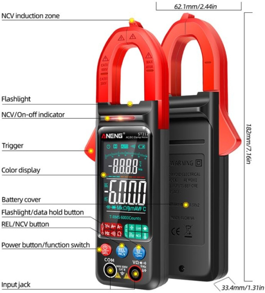 Токовые клещи Aneng ST212, AC/DC 400A, 2*AAA