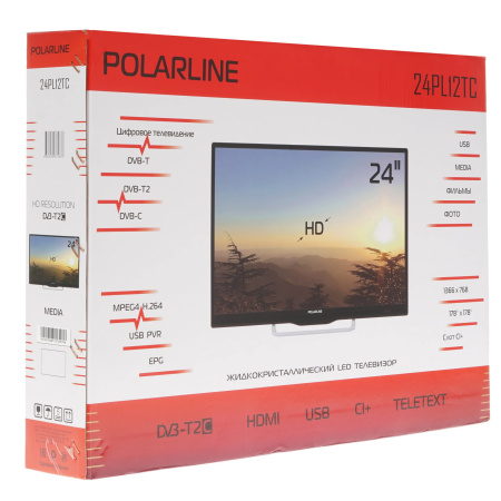 Телевизор 24" Polarline 24PL12TC 1366x768/HDMI,USB/DVB-T2,T,C/-/-/-/ Черный HD Ready MediaPlayer