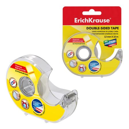 Клейкая лента двухсторонняя 12мм.*10м. Erich Krause, прозрачная, в диспенсере (58752)
