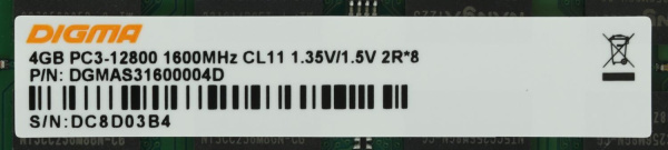 Память DDR3 4Gb 1600MHz Digma DGMAS31600004D RTL PC3-12800 CL11 SO-DIMM 204-pin 1.5В dual rank