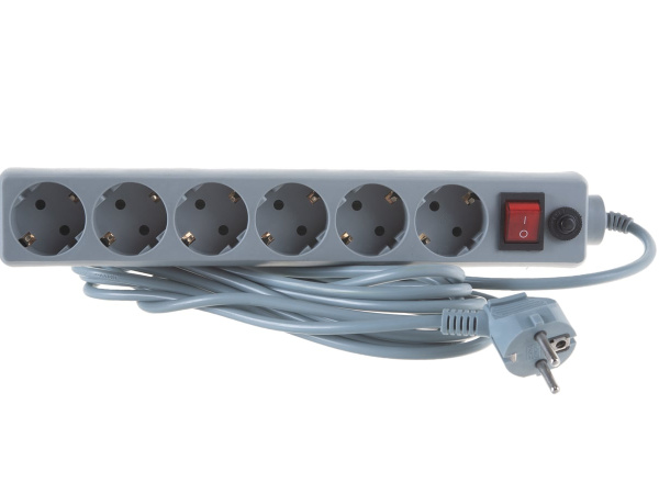 Сетевой фильтр  5.0м, 6 розеток Perfeo, POWER+, 10А, 2300Вт, с выключателем, с предохранителем, серый (PF-PP-6/5,0-G)