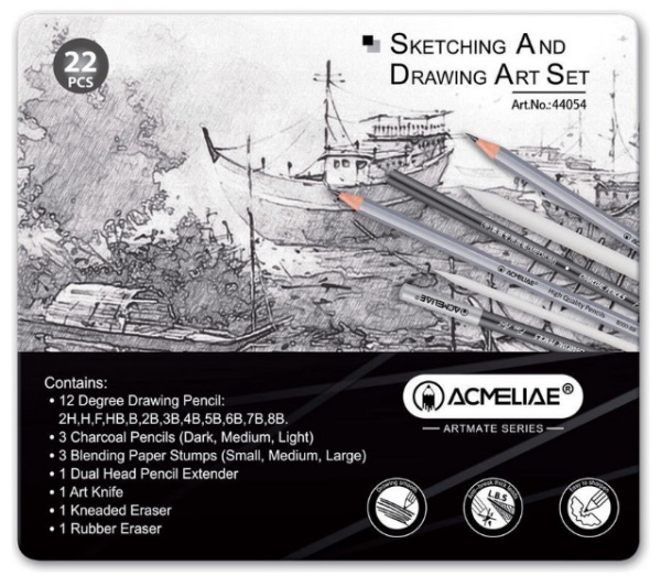 Набор для скетчинга 22 предм. ACMELIAE, металл. футл. (44054)