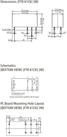 Реле электромагнитное DC 24в, 16а, SPDT, 29*12.7*15.7мм, Fujitsu FTR-K1CK024W
