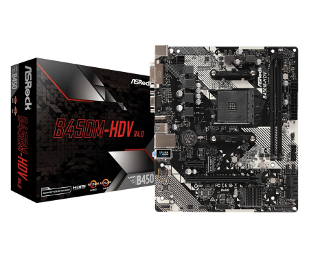 Мат.плата SocAM4 AMD B450 ASRock B450M-HDV R4.0 (mATX,2DDR4,M.2,4SATA3,6USB3.1,SVGA,DVI,HDMI,PC3200)