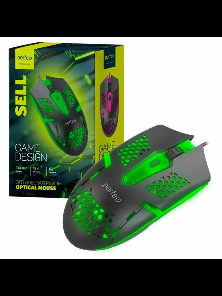 Игровая мышь USB Perfeo SELL (B3417) 6 кн, 7 цв. LED подсветка, 800-24000DPI, кабель 1,8м