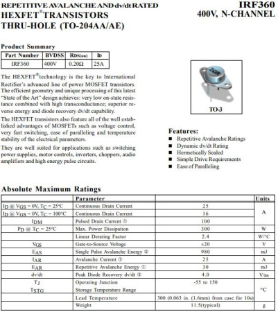 транзистор FET IRF360 400V 24A N-Ch 0.2ohm TO3