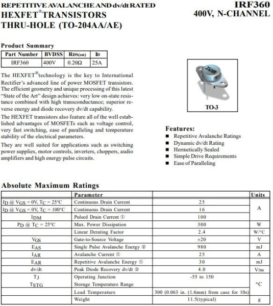 транзистор FET IRF360 400V 24A N-Ch 0.2ohm TO3