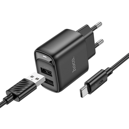 Зарядное_устройство - USB_2x2.1A HOCO C141A + кабель Type-C, черный