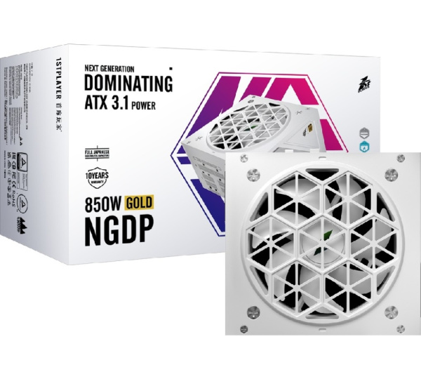Блок питания 850Вт 1STPLAYER NGDP 850W White (APFC,120мм,3PCI-E,12VHPWR,8SATA,80+Gold,модульный,белый)[HA-850BA4-WH]
