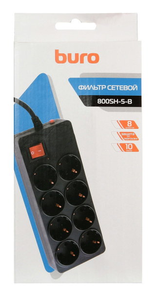 Сетевой фильтр  5.0м, 8 розеток Buro, 800SH-5-B, 10А, 2200Вт, с выключателем, черный, коробка