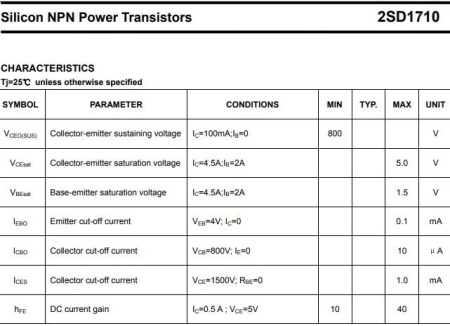 транзистор BJT 2SD1710 (mark D1710) 1500V 5A NPN TO3PML 50W
