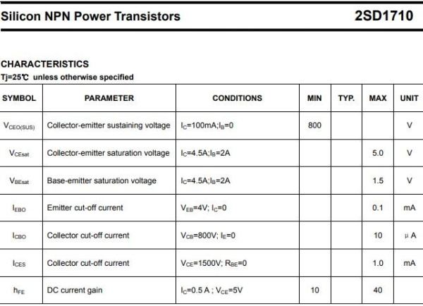 транзистор BJT 2SD1710 (mark D1710) 1500V 5A NPN TO3PML 50W