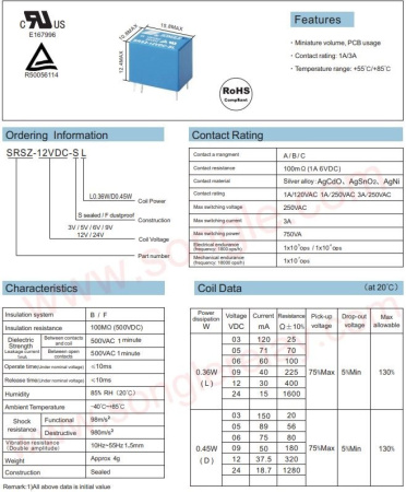 Реле электромагнитное DC 24в,  1а, SPDT, 15.7*10.6*12.4мм, Songle (4101) SRSZ-24VDC-SL