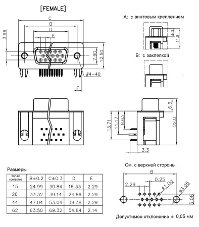 Разъем DB-15 3 ряда (VGA), розетка, на плату, DHR-15FA