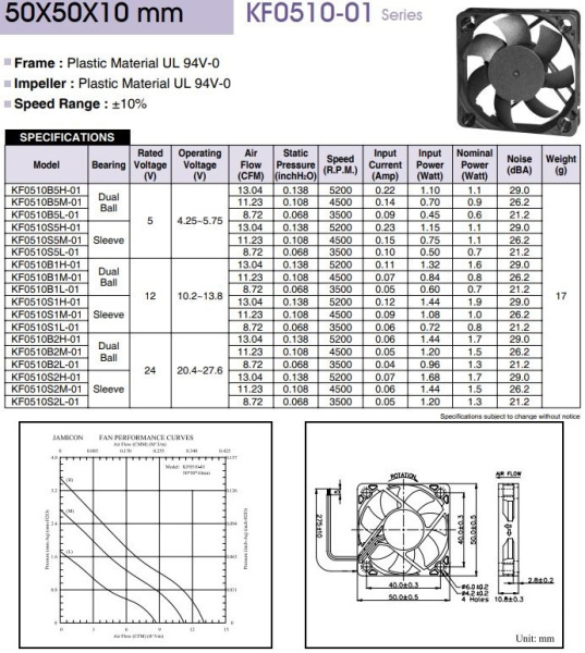 Вентилятор  50*50*10мм, 12в, 0.07а, 12м3/ч, 21.9дБ(А), скольжения, KF0510S1L