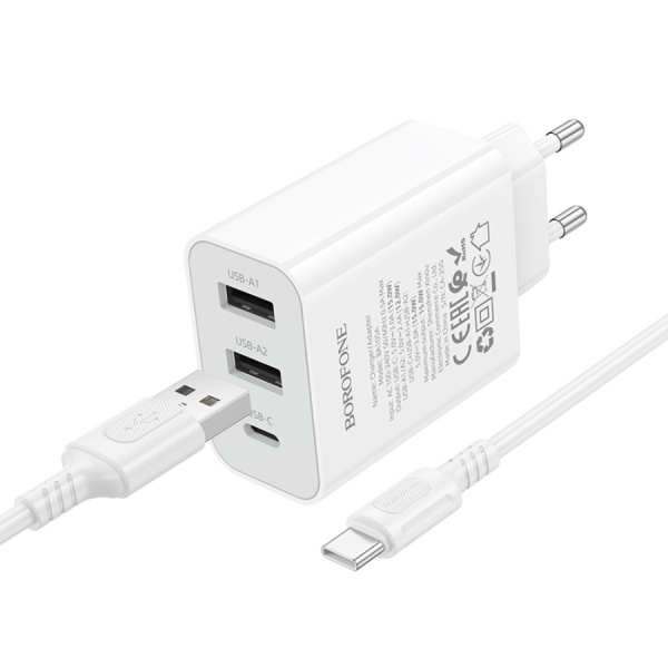 Зарядное_устройство - USB 2*15W+Type C/2.4A BOROFONE BA105A + кабель Type-C белый