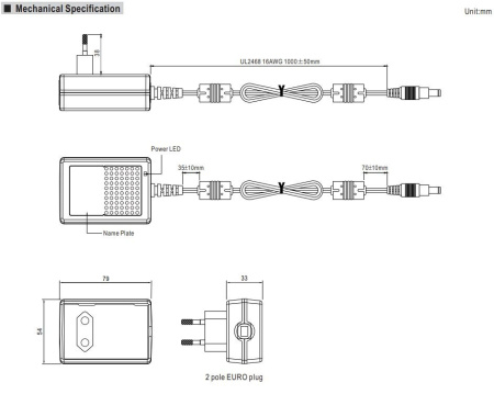 Блок питания сетевой, 24в, 1.5а, 36вт, 5.5*2.1мм (+), сетевая вилка, Mean Well GST36E24-P1J