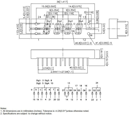 Индикатор цифровой, 4разряда, 36*11мм, 88:8.8-, 7сегментный, CC, 24пин, зеленый, CC25-12GWA