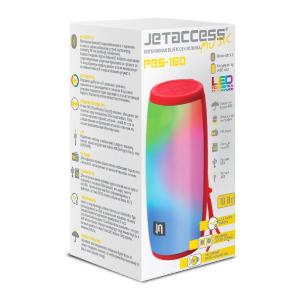 Портативная колонка Jet.A PBS-160 Bluetooth 2x5Вт 2400mAh LED подсветка, Черный