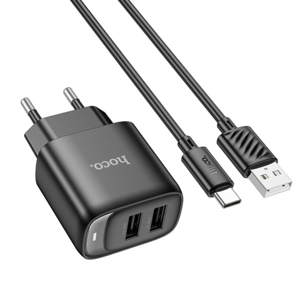 Зарядное_устройство - USB_2x2.1A HOCO C141A + кабель Type-C, черный