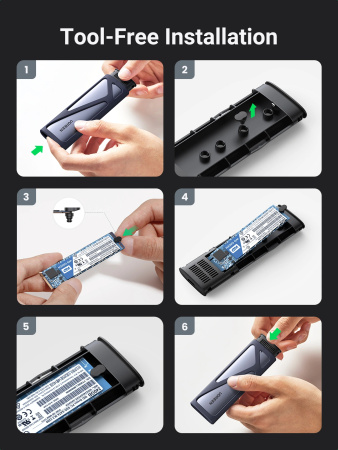 Внешний бокс для SSD M.2 NVMe/M.2 SATA SSD UGREEN CM400 Enclosure (10Gbps) с кабелем USB-C - USB-C и USB-C - USB-A, серый (90264)