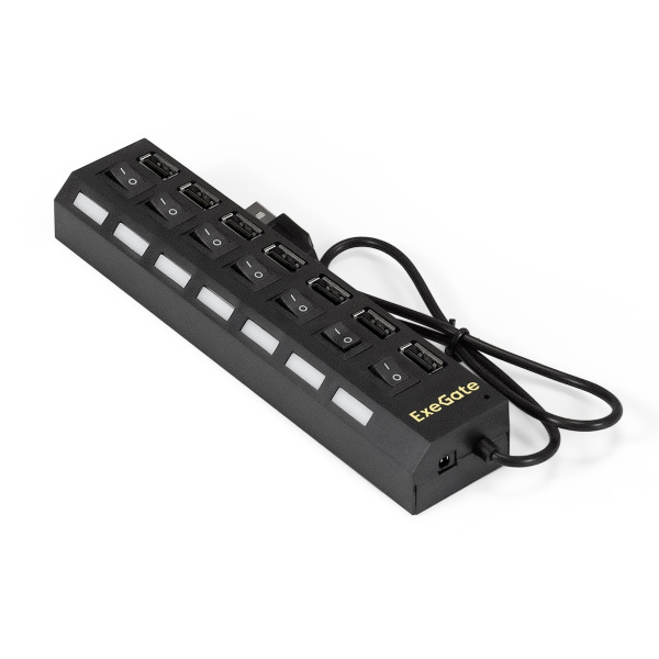 USB_Хаб 7xUSB_2.0 ExeGate DUB-72SW кнопки включения/отключения для каждого порта, черный