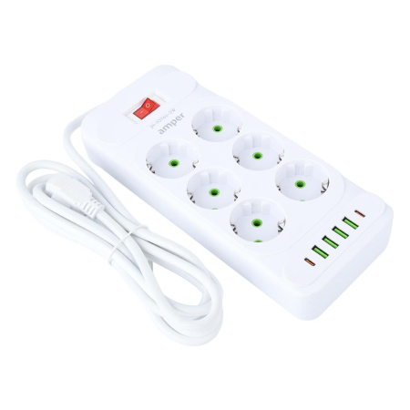 Сетевой удлинитель  2.0м, 6 розеток Amper, JH-1076U-2W, 10А, 2500Вт, 4usb, 2Type-C белый.