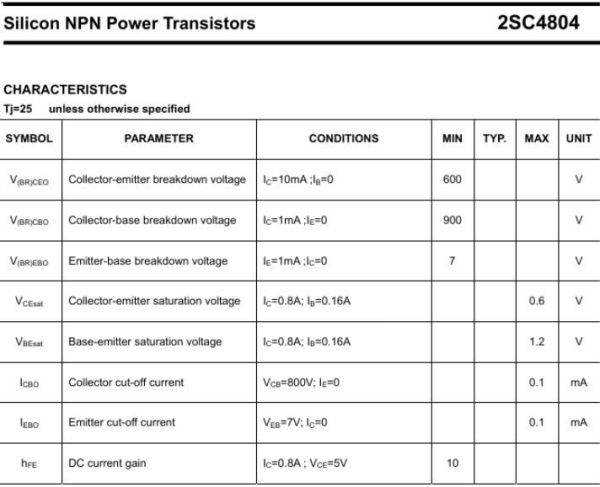 транзистор BJT 2SC4804 (mark C4804) 600V 3A NPN hfe10 TO220 30W