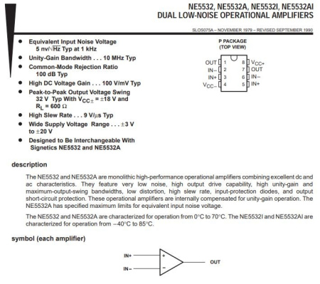 микросхема NE5532P, 2*ОУ, ±15В, DIP8